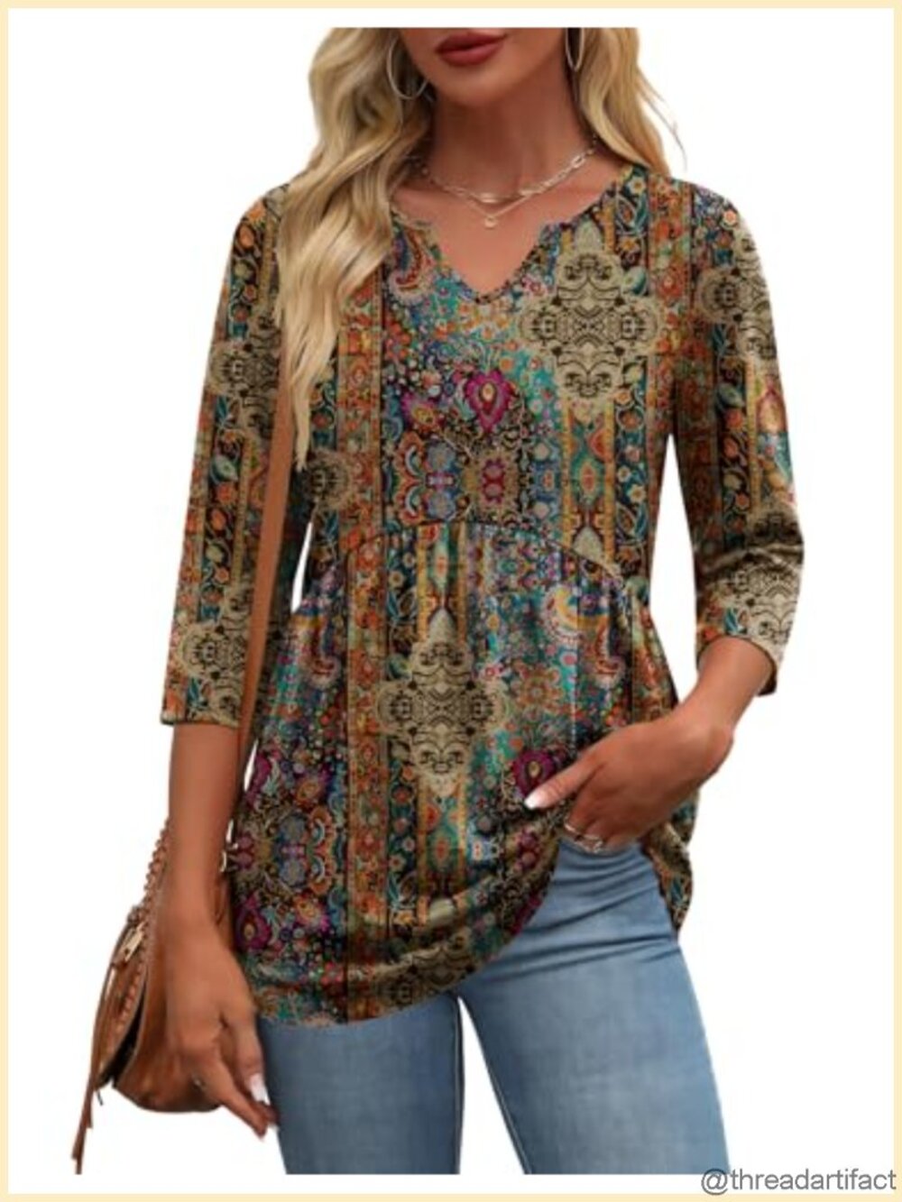 Zeagoo 3/4 Sleeve V Neck Ruched Tunic Top Womens Blouse